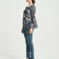 Women Rpet Blouse Recycled Polyester Chiffon Blouse with Elastic Smocking Square neck and Flare sleeves Floral Blouse